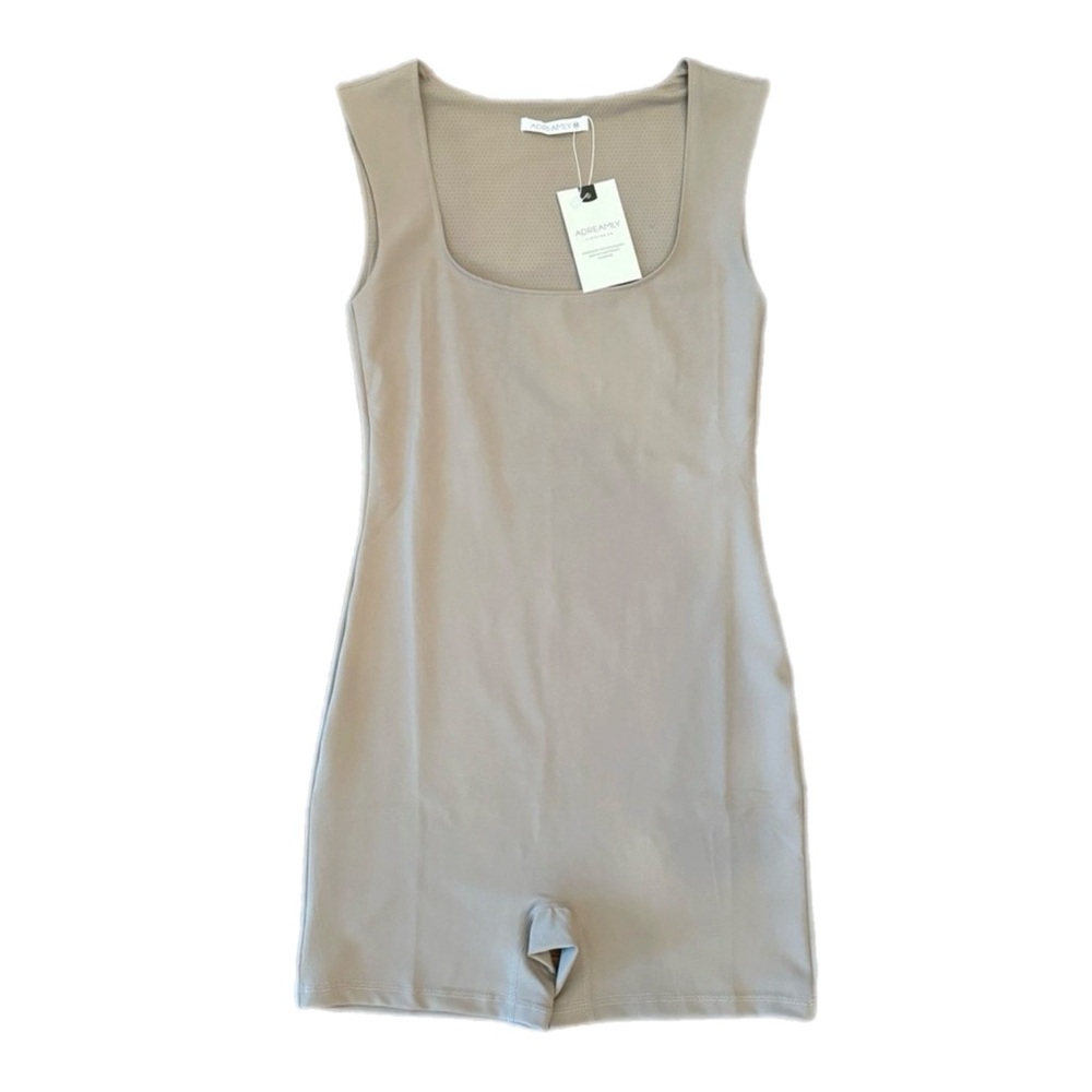 ADREAMLY Women's Shaping Tank Mid-Thigh Bodysuit Seamless Scoop Neck Tan MED